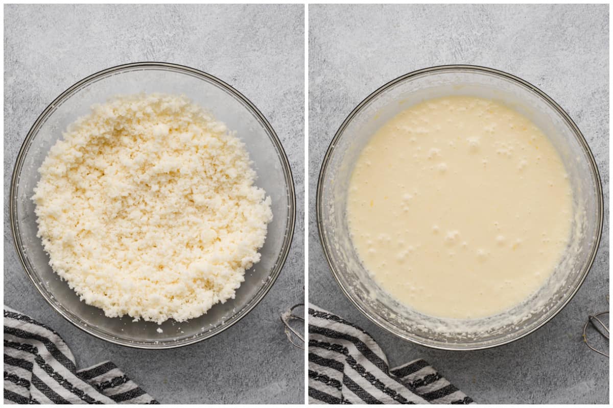 Two images showing how to make an old fashioned chess pie recipe filling by creaming the butter and sugar and then incorporating the other ingredients.