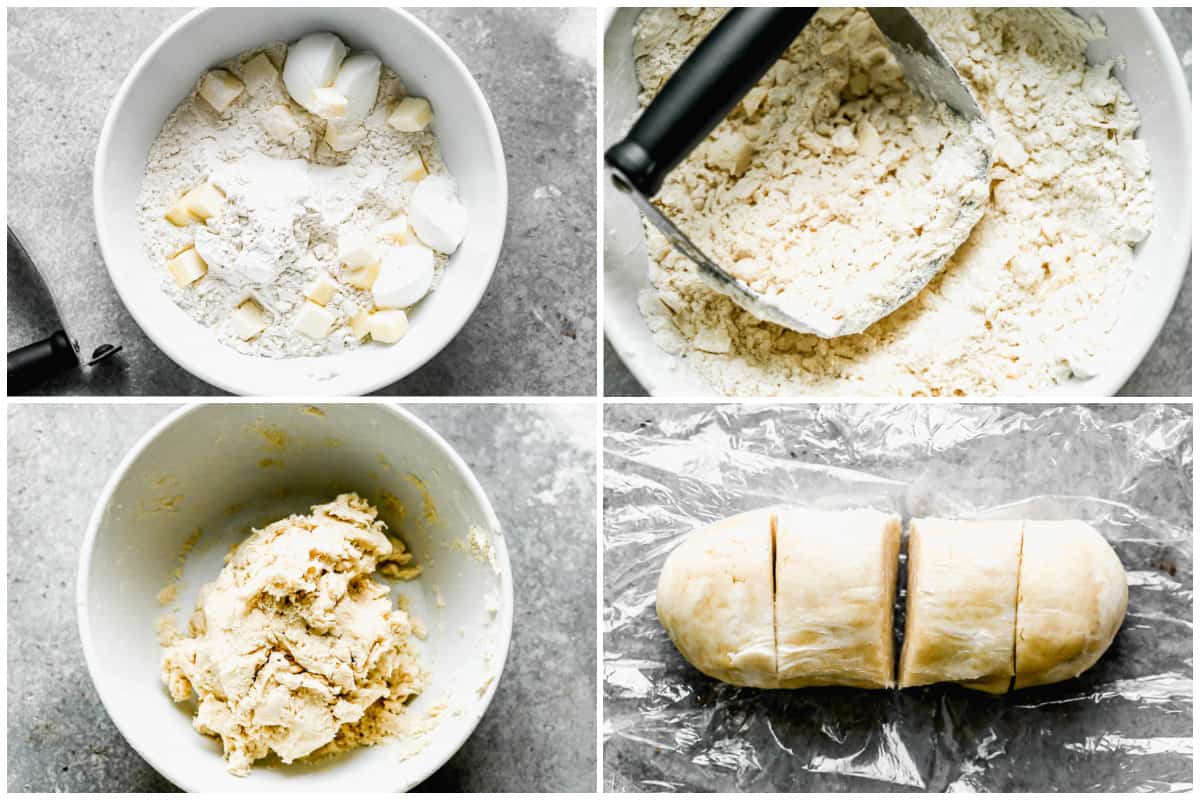 Four images to show how to make cornish pasties dough, then the finished dough rolled and cut into fourths. 
