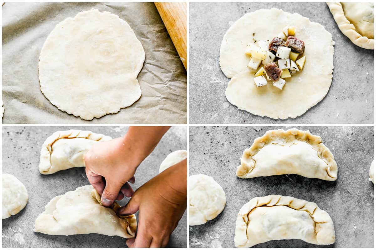Four images showing how to crimp a pasty.