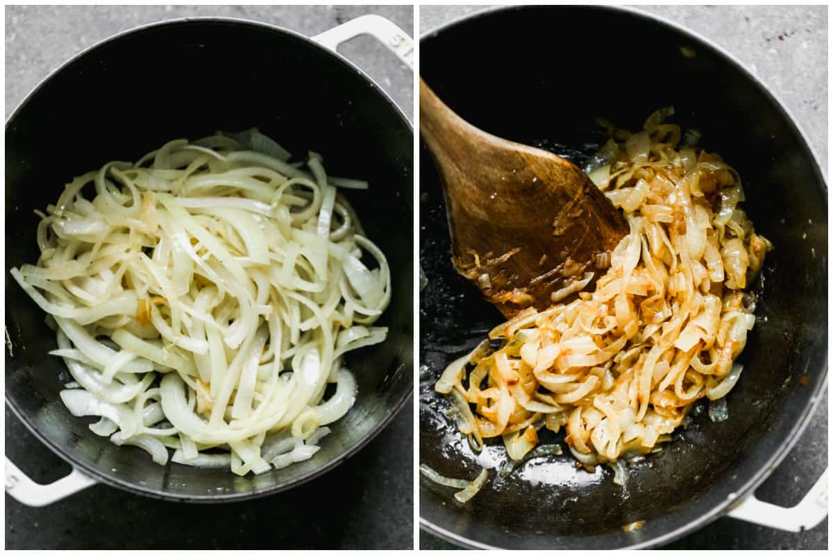 Two images showing how to caramelize onions for an authentic French Onion Soup.
