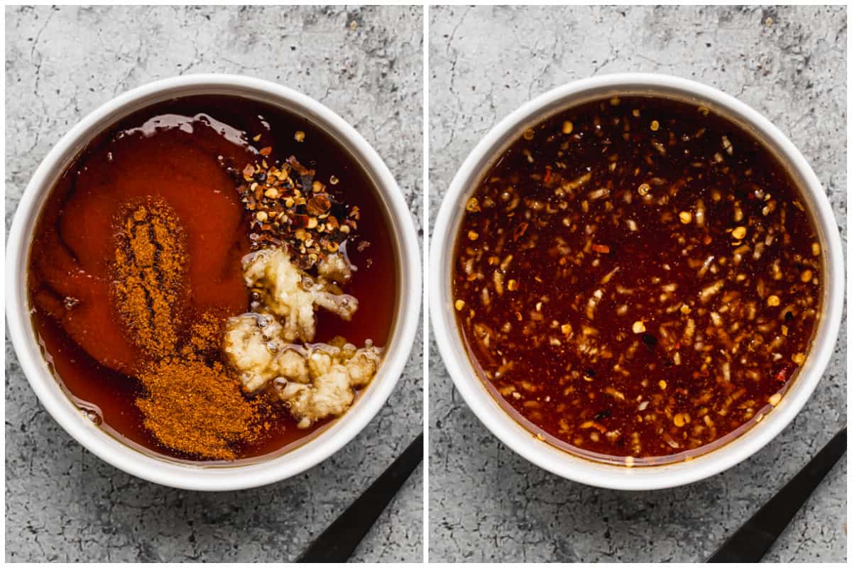 Two images showing how to make hot honey by heating the honey then stirring the hot sauce, garlic, red pepper flakes, and cayenne pepper. 