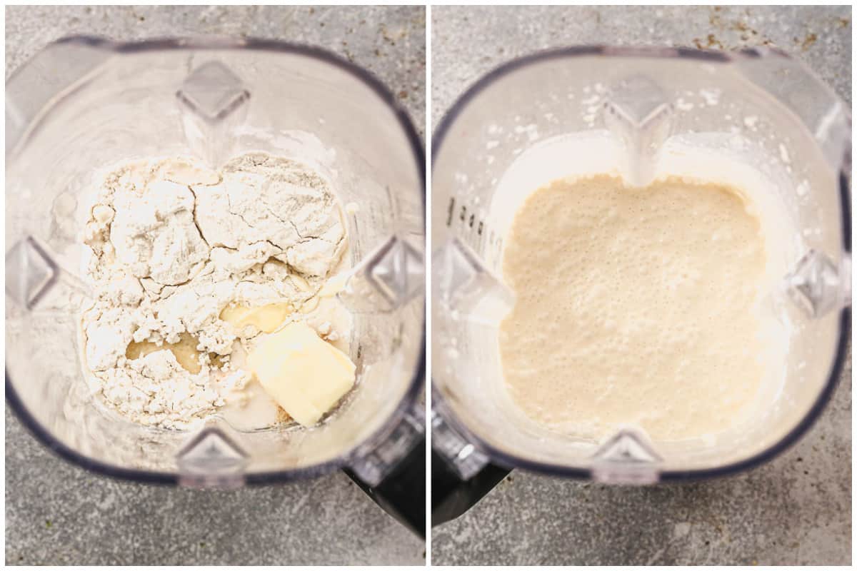 Two images showing an easy crepe batter before and after it's blended.