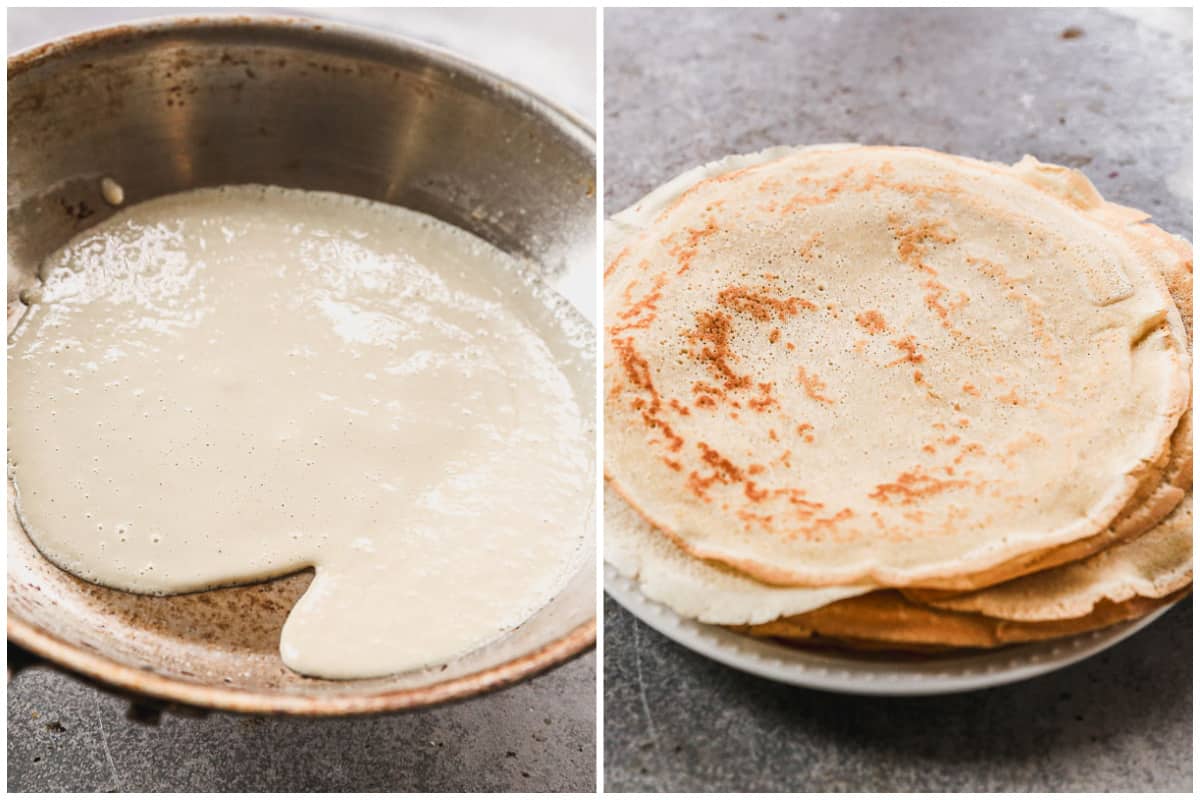 Two images showing how to make crepes, by swirling the pan while it cooks, and then a stack of finished crepes.