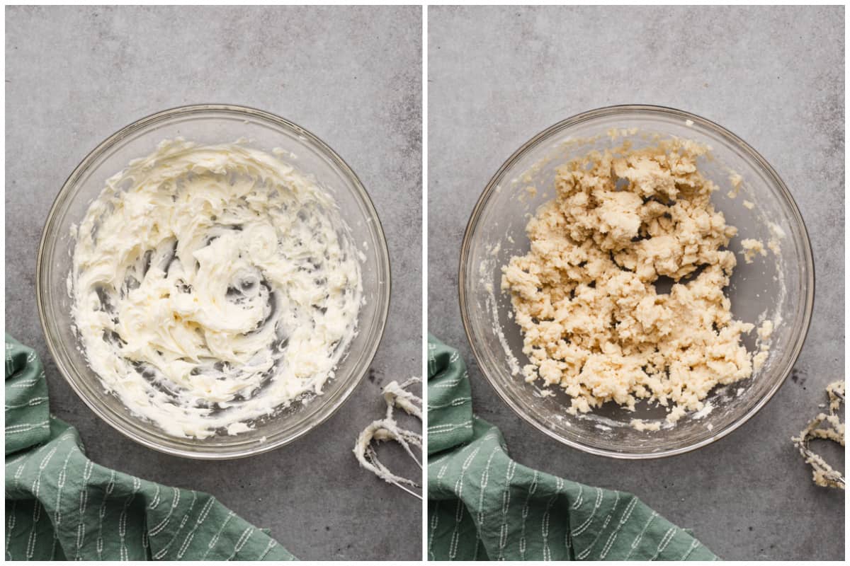 Two images showing how to make the dough for a shorbread crust for homemade lemon bars.