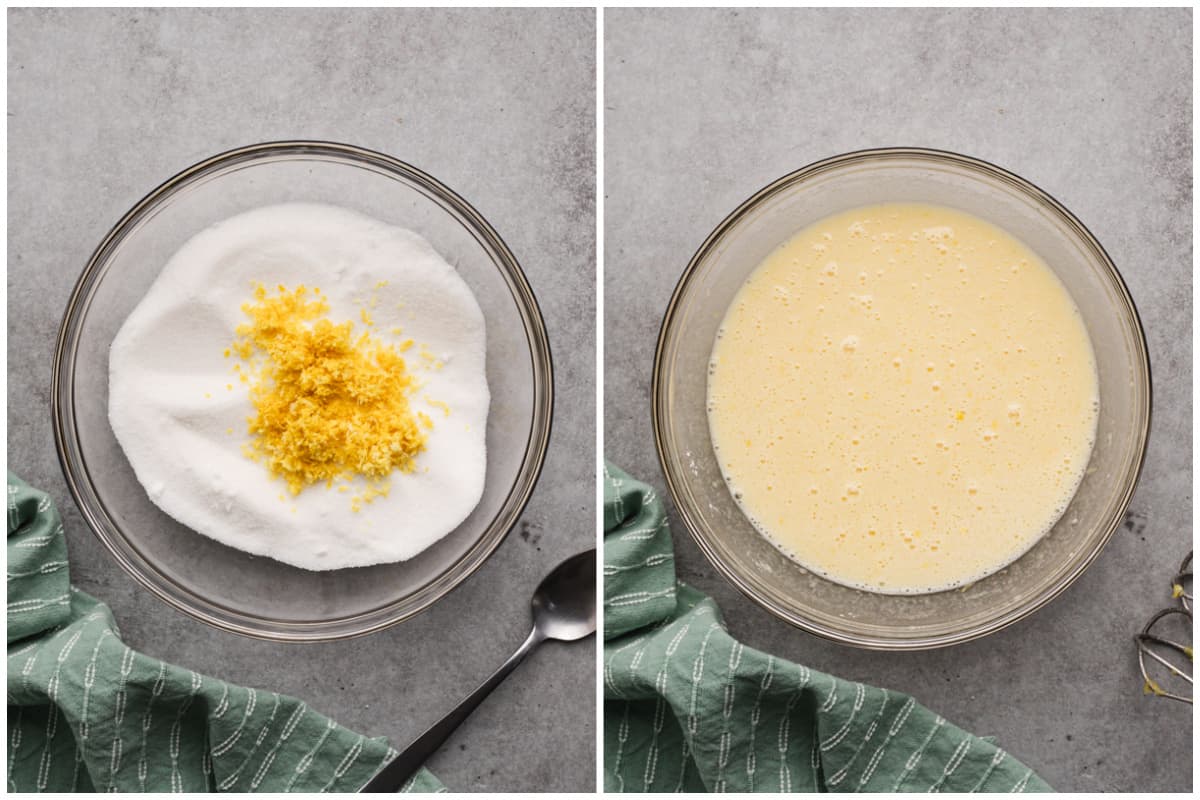 Two images showing lemon zest and sugar in a bowl, then after lemon juice, flour, baking powder, and eggs are incorporated to show how to make lemon bars.