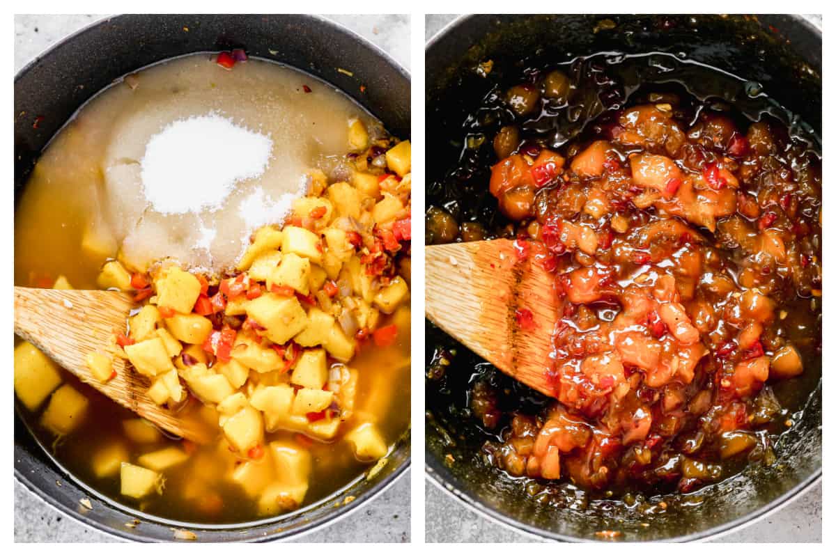 Two images showing how to make mango chutney with all the ingredients in the pot, and then after it simmers and thickens.
