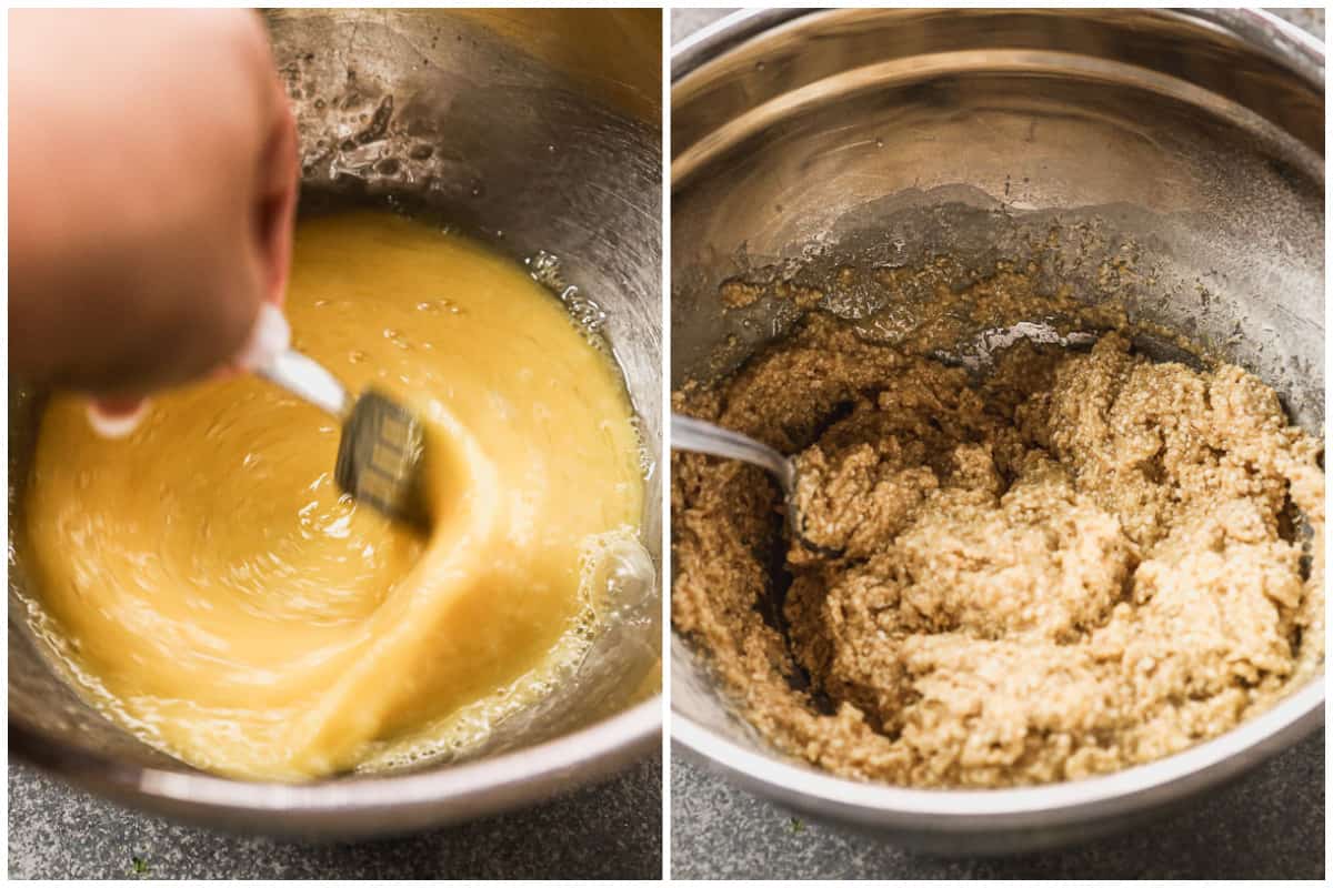 Two images showing eggs and butter being mixed with a fork, then a dough mixture after matzo meal and seasonings are added to show how to make matzo balls.