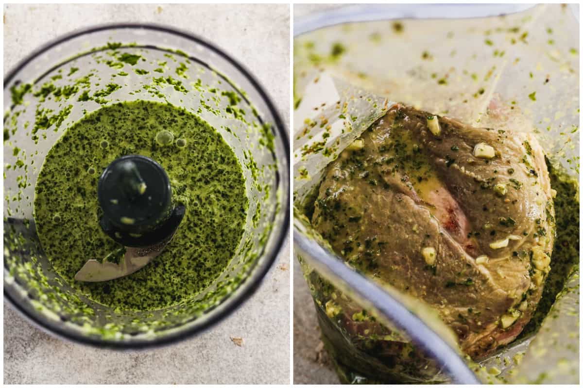 Two ingredients showing how to make a mojo marinade recipe in a food processor, then covering a pork roast with it for mojo pork.