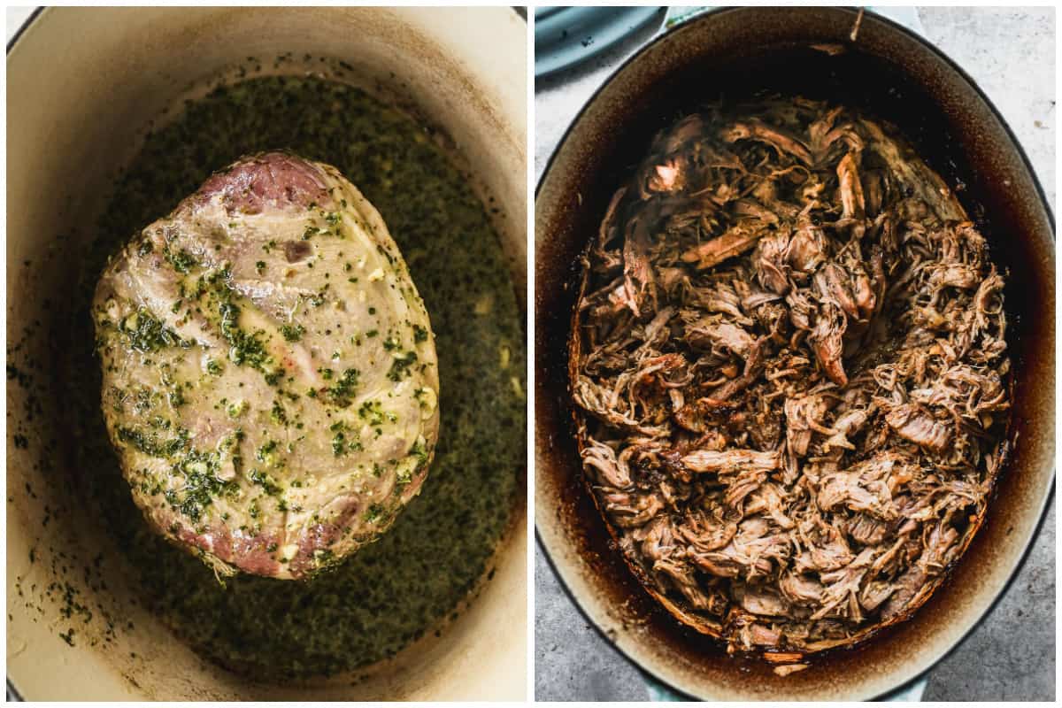 Two images showing a mojo pork recipe with a roast covered in a marinade in a dutch oven, then after it's cooked and shredded.