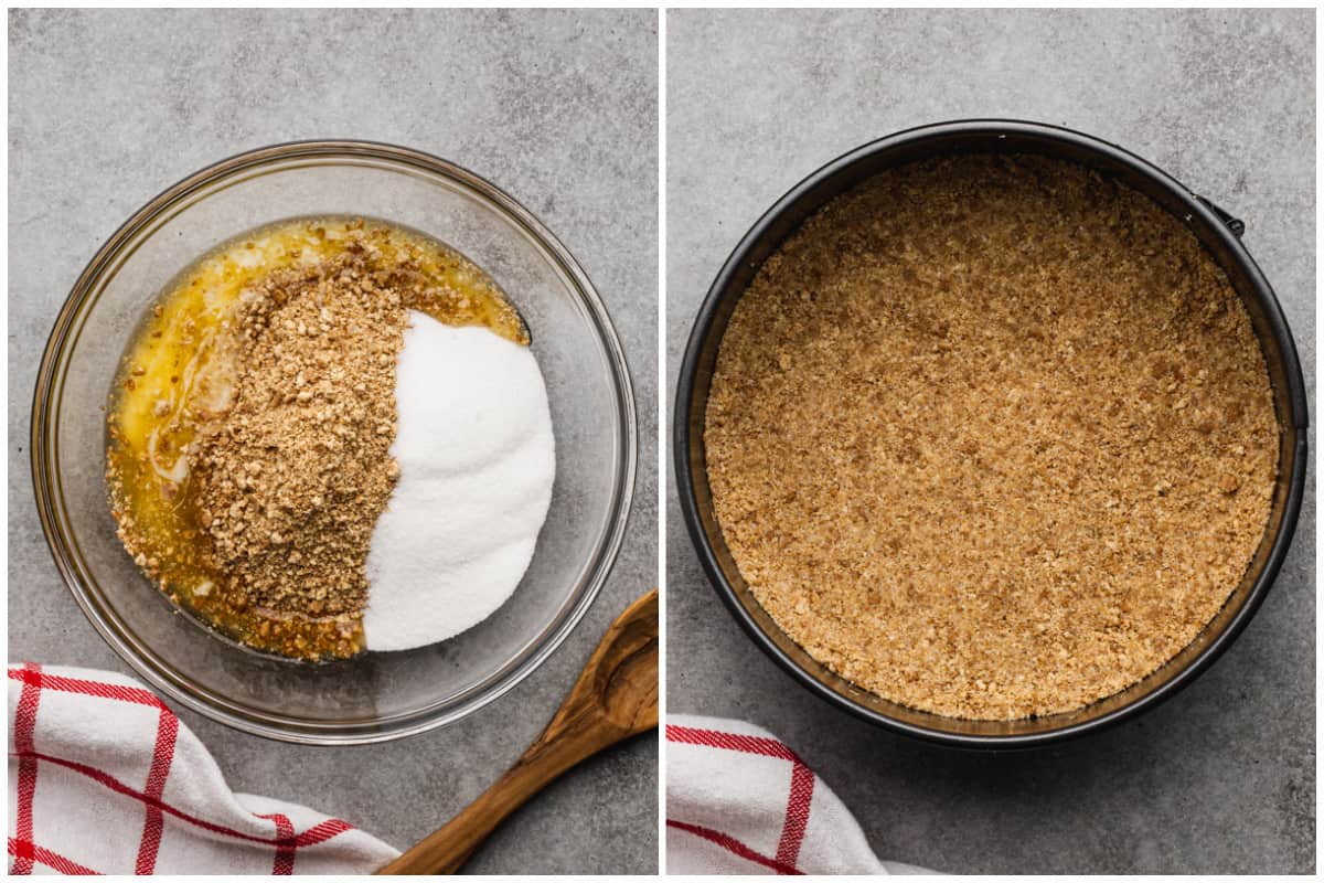 Two images showing how to make a homemade graham cracker cheesecake crust.