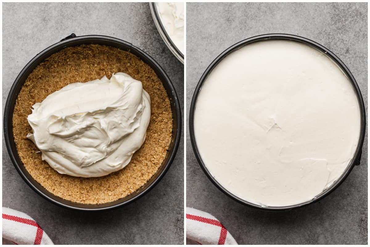 Two images showing how to make a no bake cheesecake showing the filling being added to a springform pan on top of a graham cracker crust, then smoothed out.