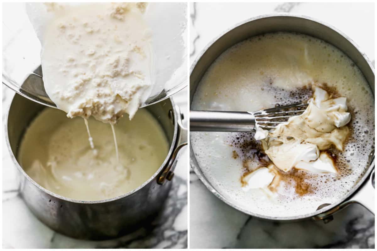Two images showing a gelatin mixture being added to a saucepan and then yogurt and vanilla added to show how to make panna cotta.