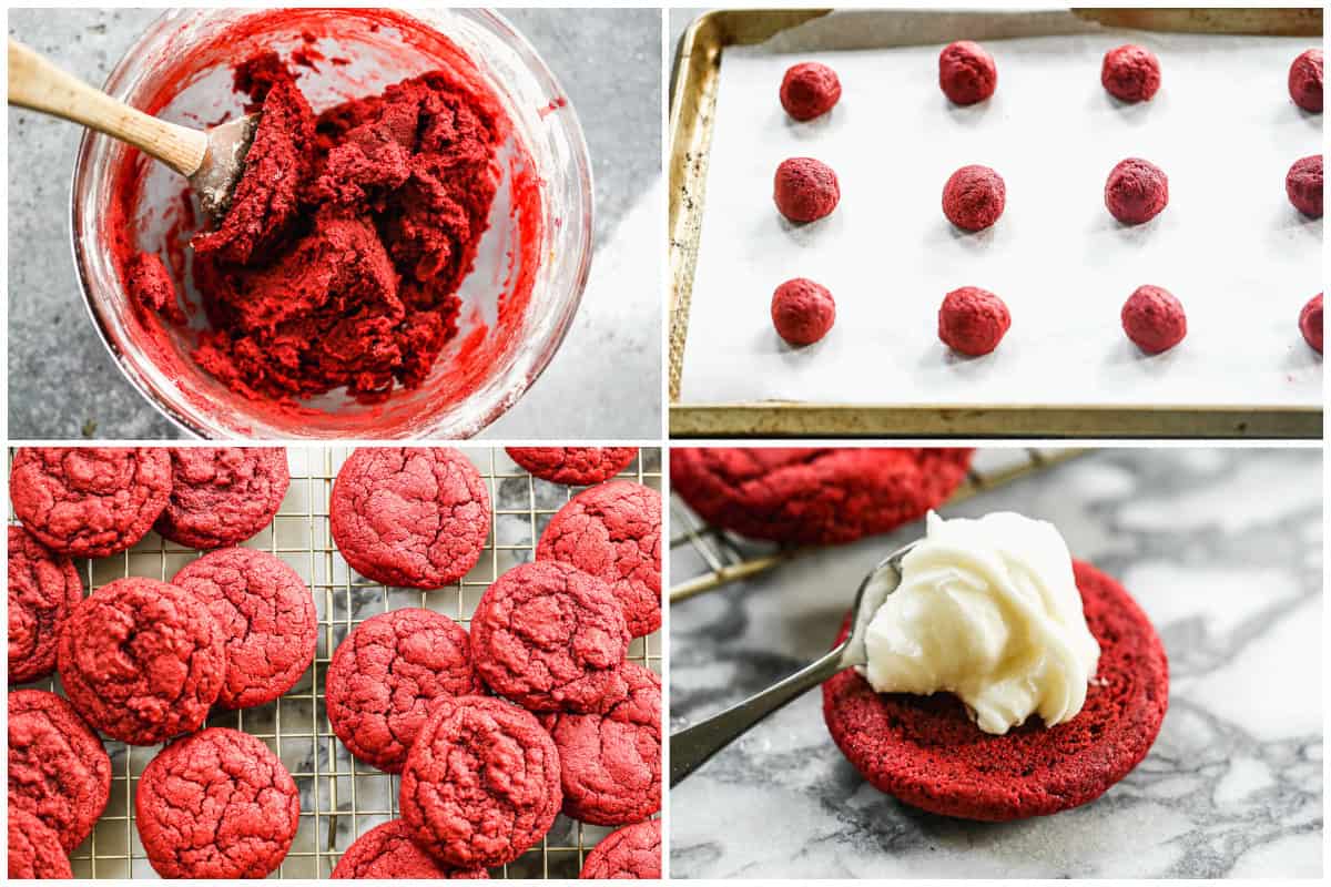 These Red Velvet Sandwich Cookies are easy and fun to make, they take less than 30 minutes and have a perfectly smooth frosting in the middle of a soft and chewy red chocolate cookie.