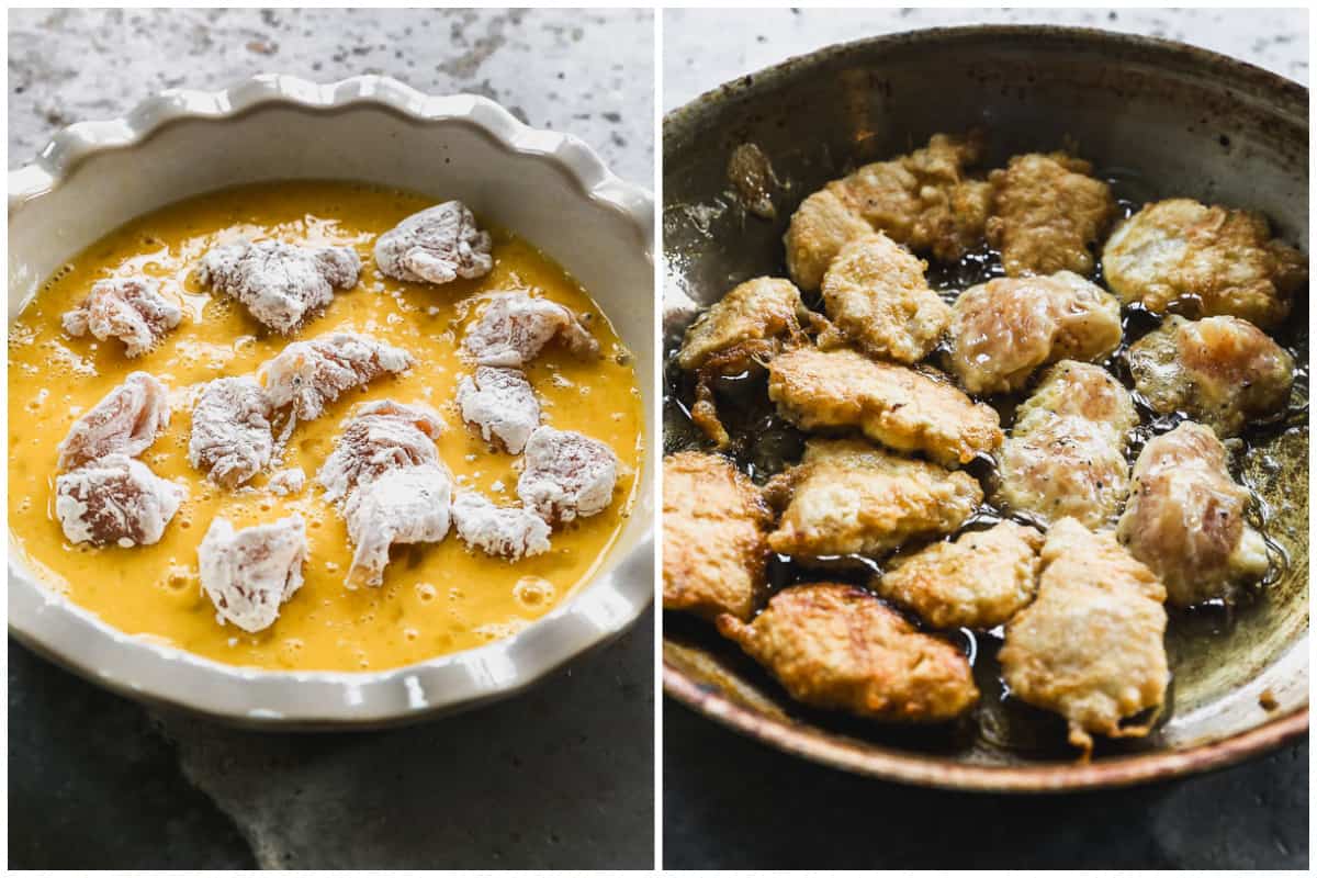 Two images showing how to make sweet and sour chicken, by dipping chicken in beaten eggs and then frying it in a little oil in a pan on the stove.