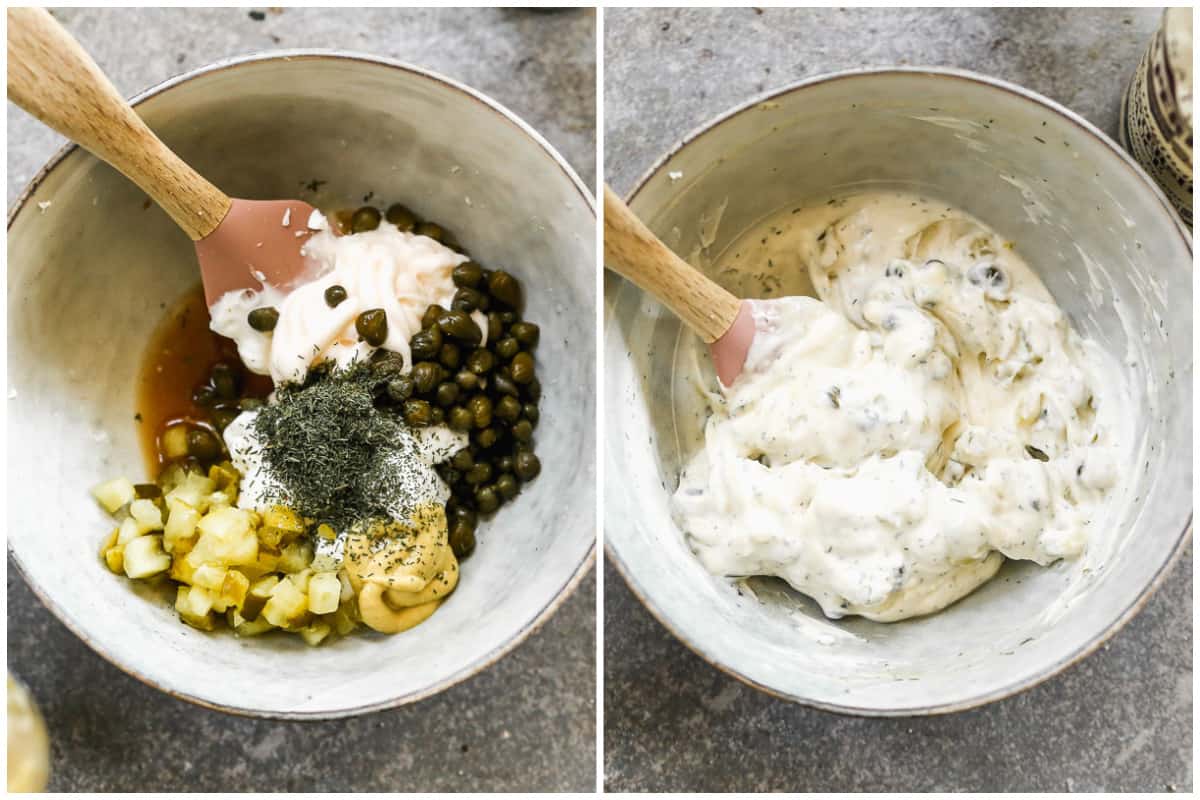 Two images showing how to make Tartar Sauce, stirring all of the ingredients together.