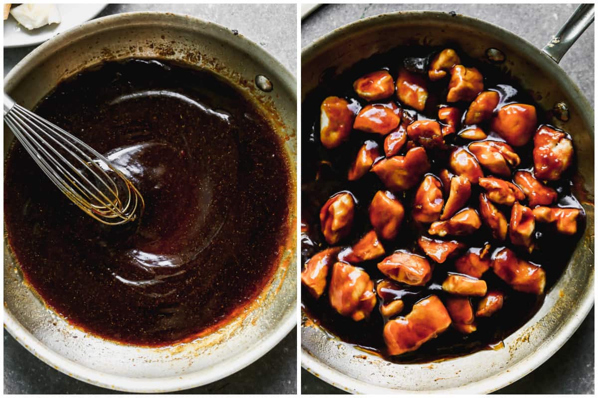 Two images showing a homemade teriyaki sauce in a pan, then after chicken is tossed with it.