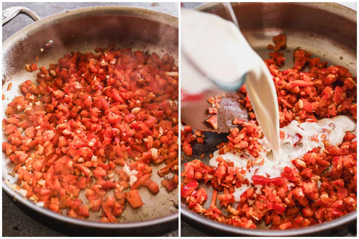 Two images shoing chopped bell peppers being sautéed, then cream being added to make the best chicken pasta recipe.