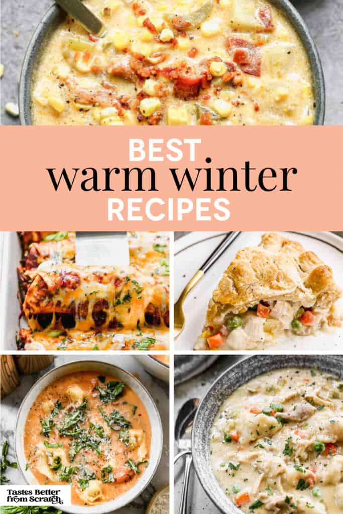 A collage of 5 recipes from the warm winter collection.