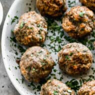 A plate filled with homemade Air Fryer Meatballs, ready to serve or freeze for another day.