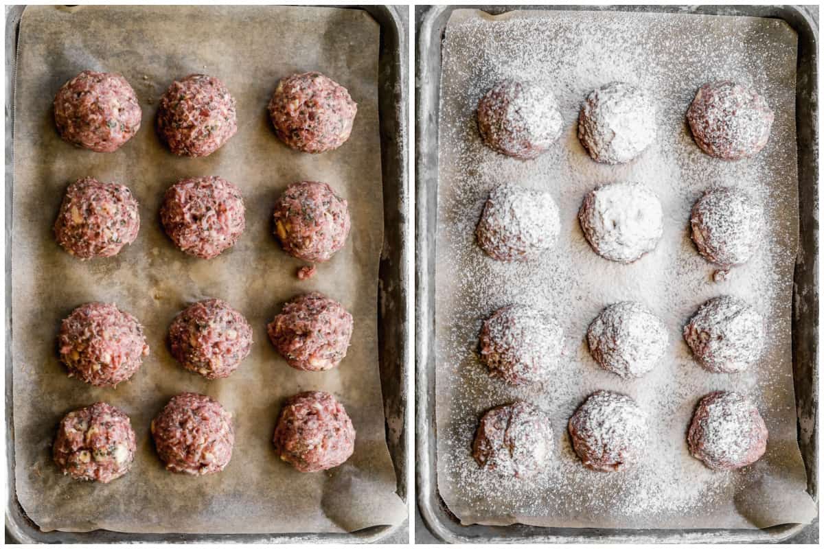 Two baking pans with parchment paper with 12 meatballs before and after flour is dusted on them. 