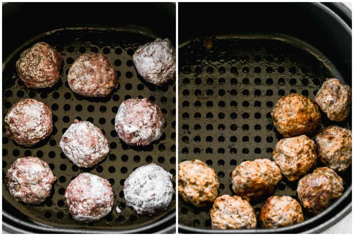 Two images showing how to cook raw meatballs in air fryer, before and after they are cooked.