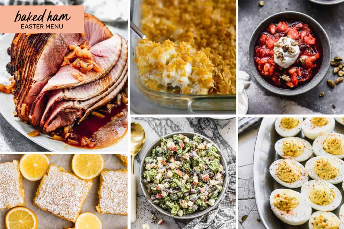 A collage of 5 recipes from the Baked Ham Easter Menu.