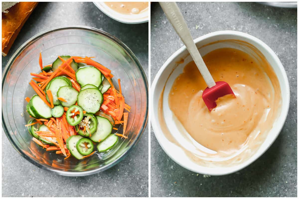 Two images showing sliced carrots, jalapeño, and cucumbers being pickled in a glass bowl, then a homemade banh mi sauce with mayonnaise, hoisin sauce, sriracha, and salt and pepper.