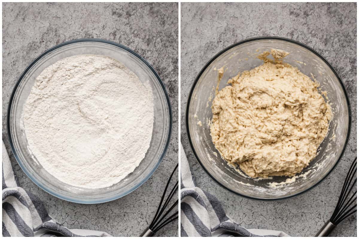 Two ingredients showing all the dry ingredients in a glass mixing bowl for a quick beer bread recipe, then after the wet ingredients are added to show how to make beer bread.