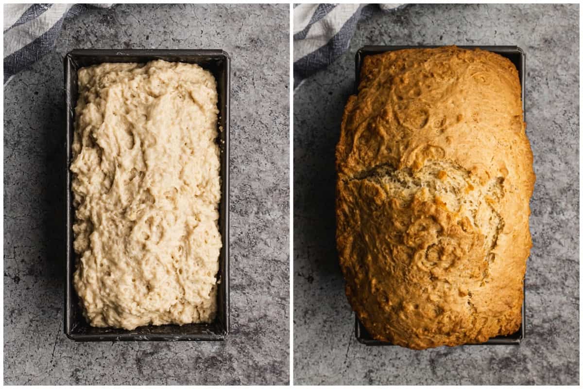 Two images showing homemade Banana Bread before and after it's baked.