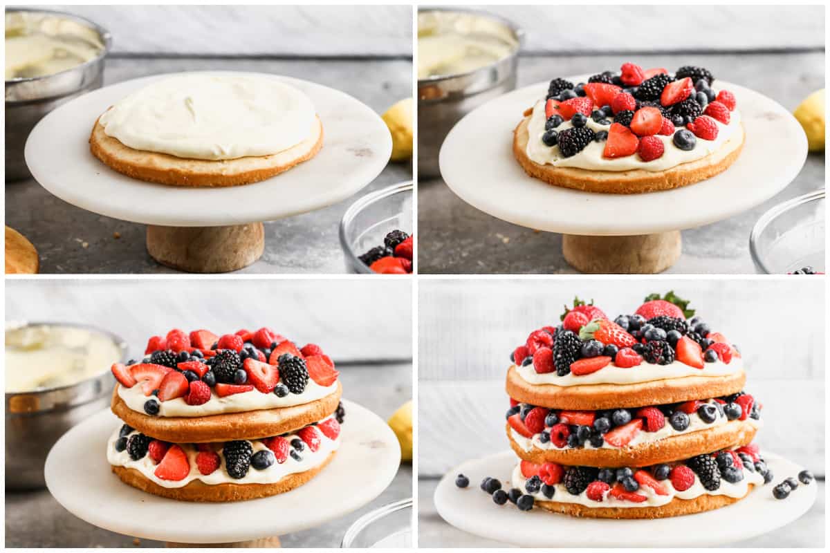 Four images showing how to make a lemon berry cake by assembling yellow cake rounds, lemon mousse, and fresh berries.
