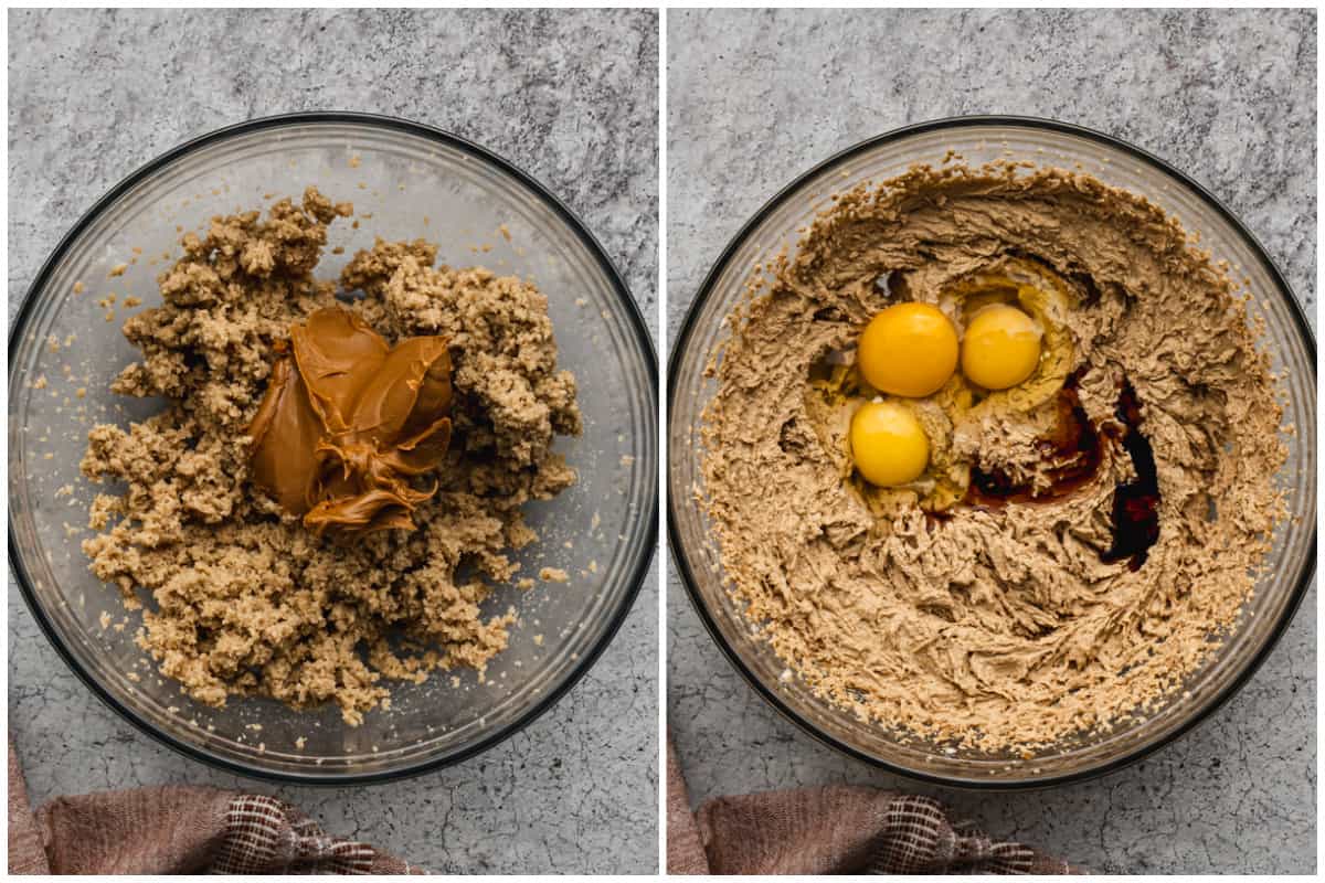 Two images showing biscoff cookie butter being added to a cookie dough base, then eggs and vanilla being added.