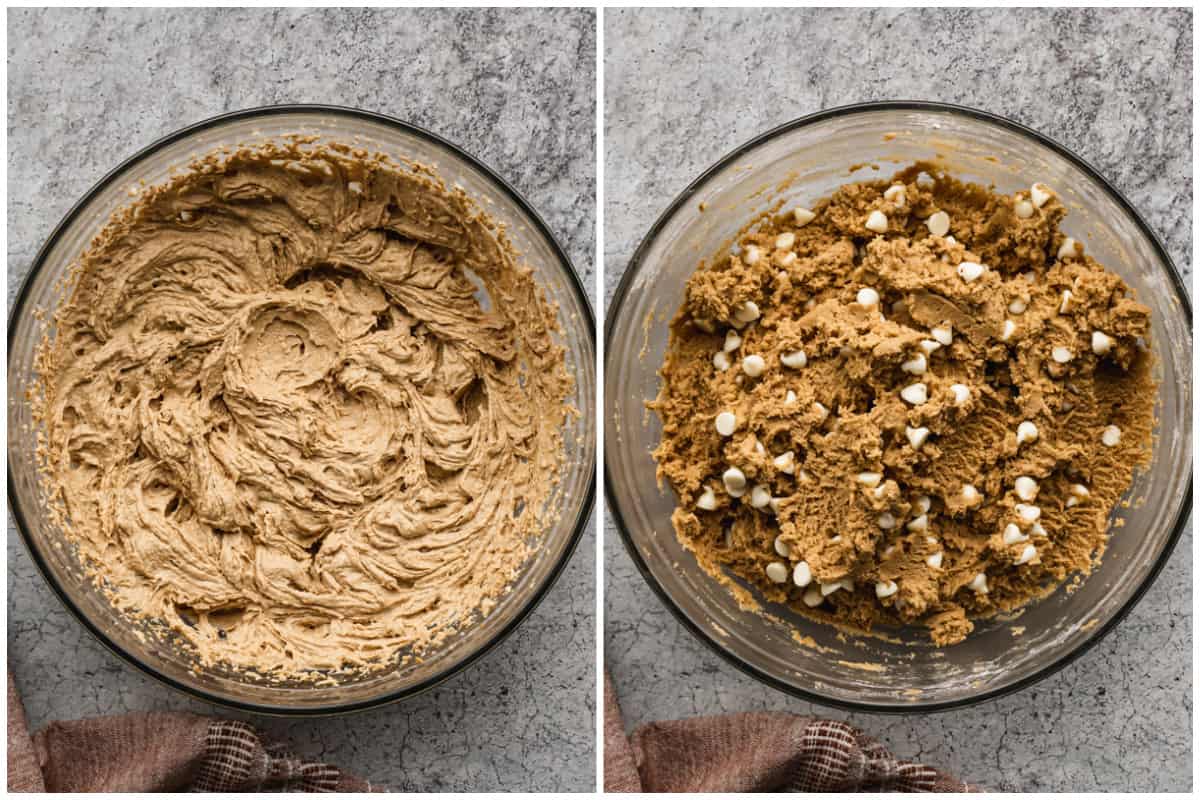 Two images showing the cookie dough for biscoff chocolate chip cookies.