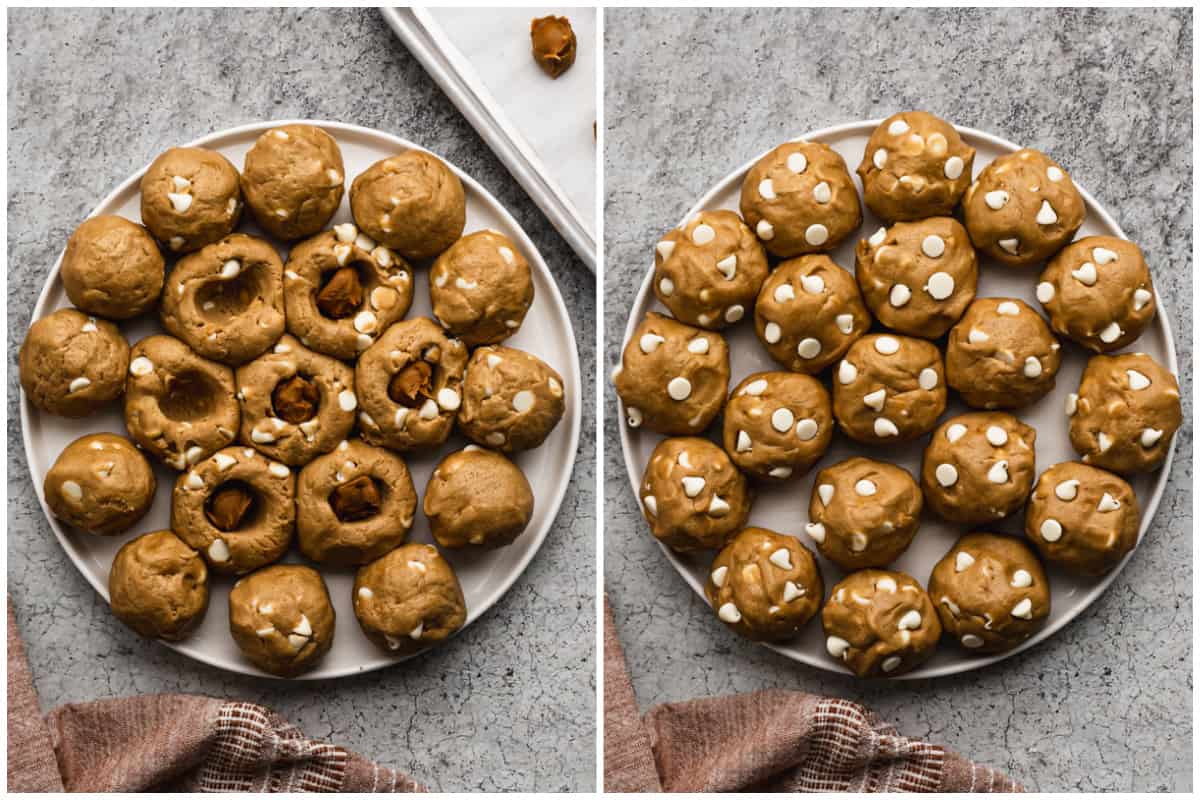 Two images showing how to make biscoff cookies by adding a ball of cookie butter inside each cookie dough ball.