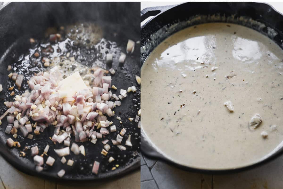 Two process photos for making a Boursin sauce in a cast iron pan.