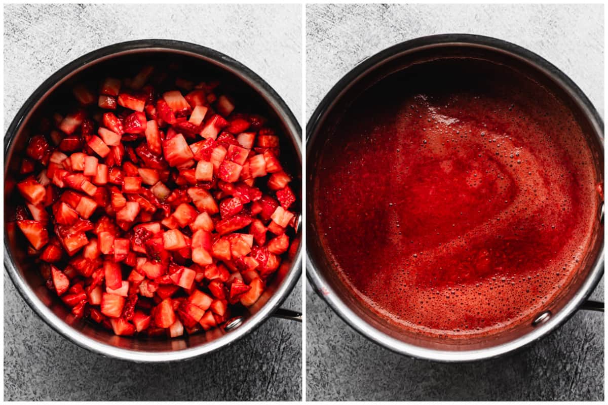 Two images showing diced strawberries in a pot, then after it's heated and blended to show how to make chia seed jam.