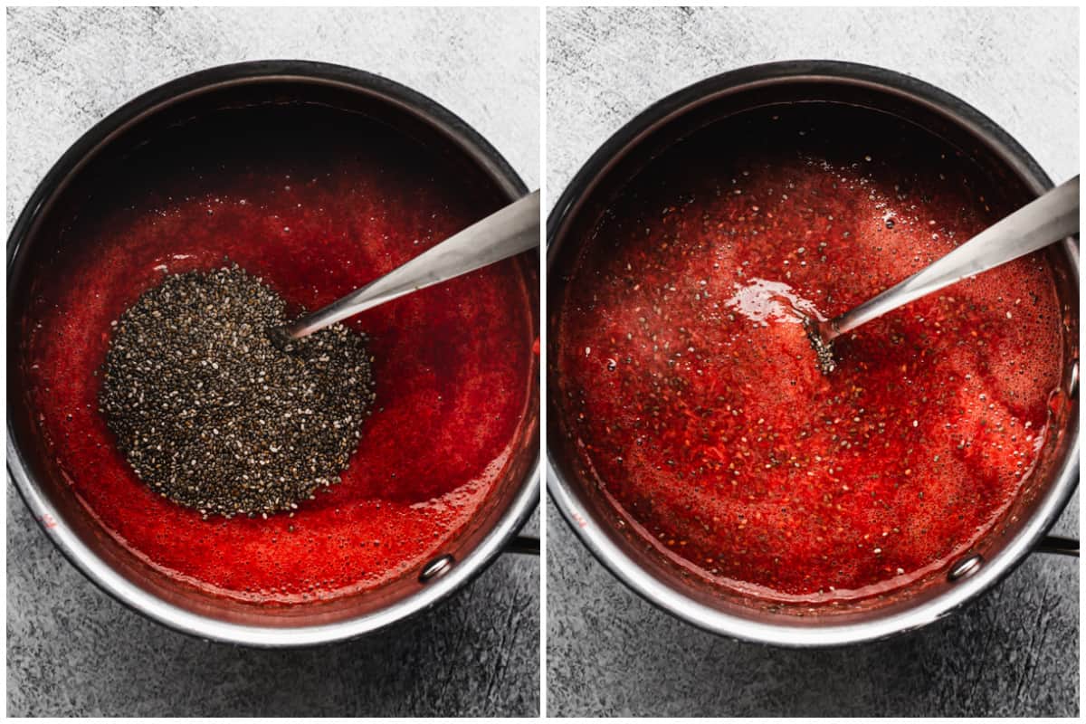 Two images showing a fresh strawberry puree with chia seeds and lemon juice added to show how to make a natural sugar free jam recipe.