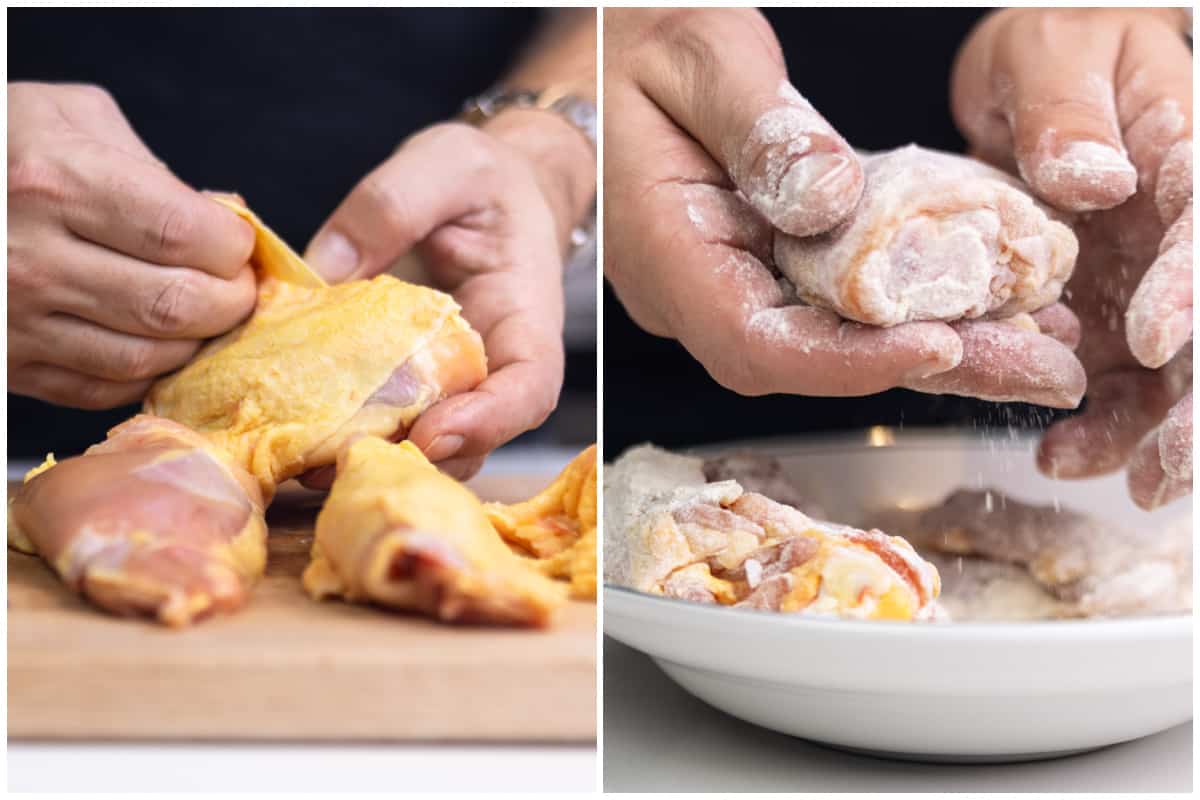 Hands pulling skin off of chicken thighs and dusting the chicken with flour.