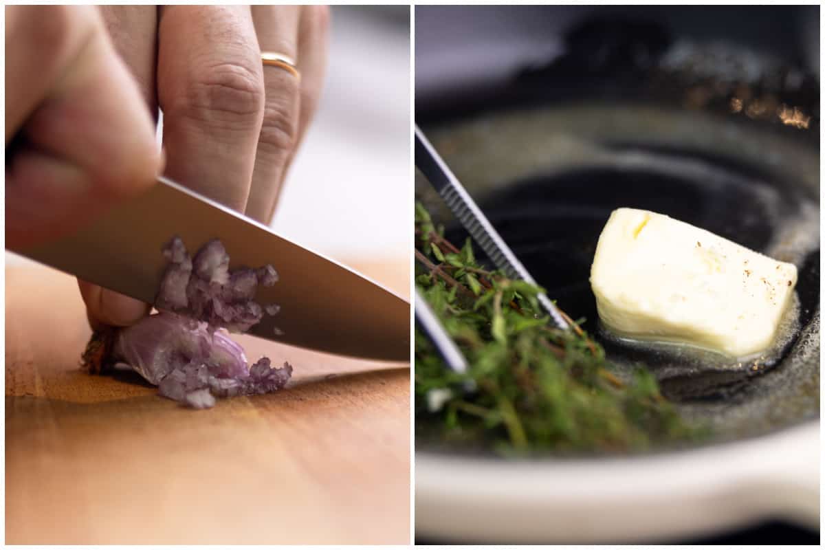 Two photos of a shallot being chopped, and then butter and thyme in a skillet,
