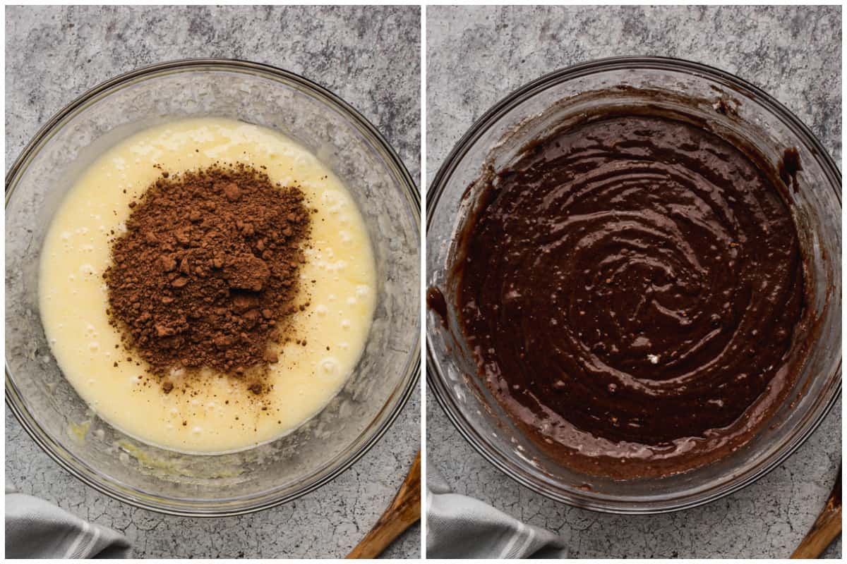 Two images showing how to make brownie batter from scratch.