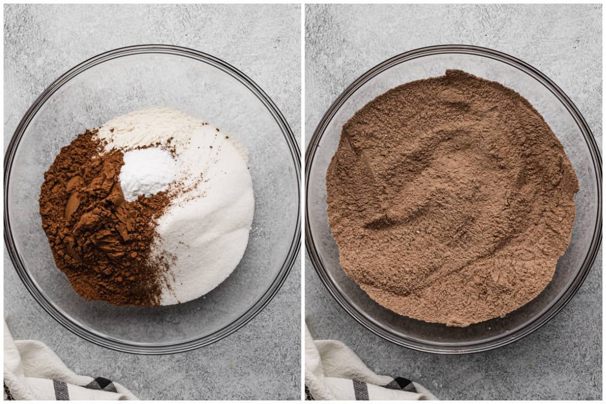 Two images showing the dry ingredients combined for a chocolate mayonnaise cake recipe.