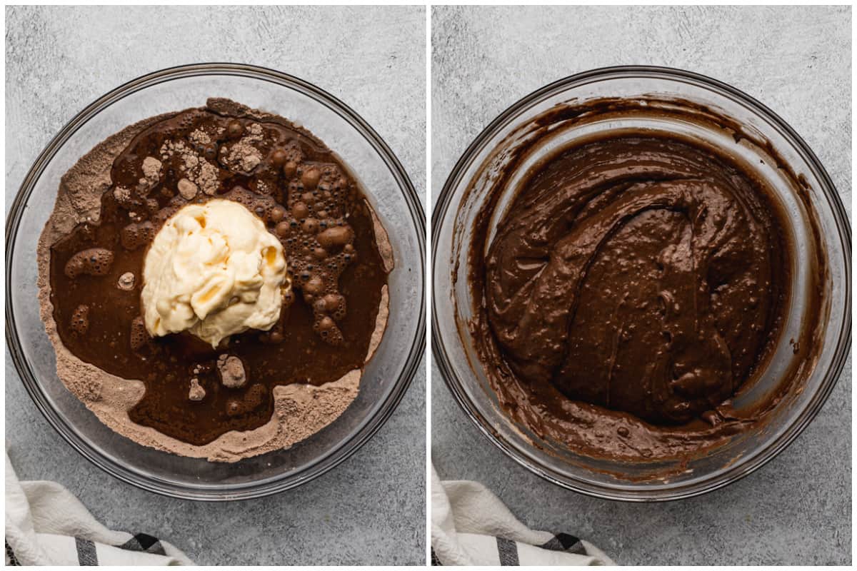 Two images showing a batter for a super moist chocolate cake with mayonnaise.