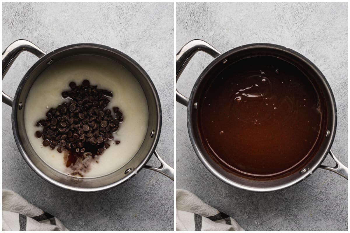 Two images showing how to make a homemade chocolate frosting by melting chocolate chips in a mixture of milk, butter, and sugar.