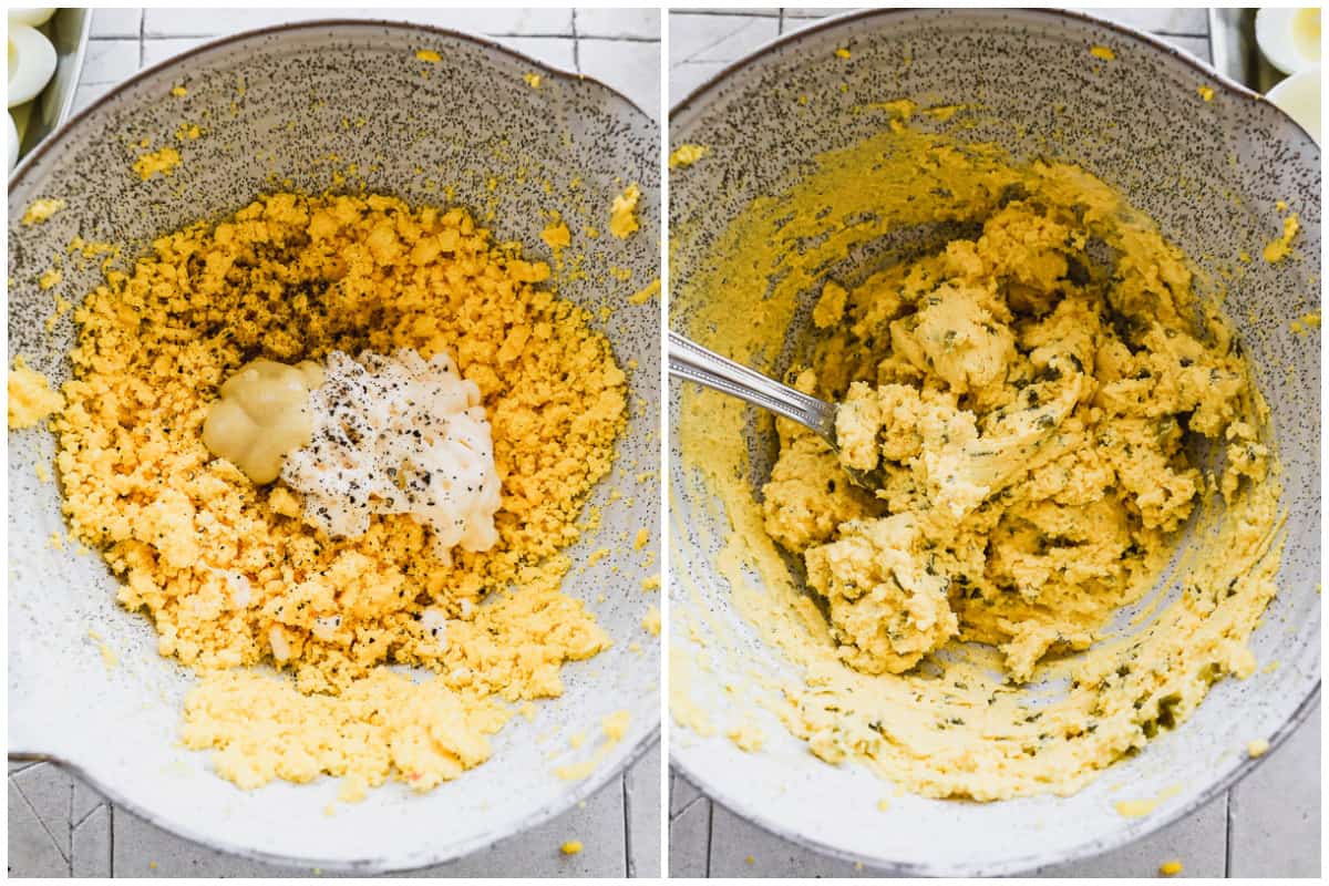 Two images showing cooked egg yolks smashed in a bowl with mayonnaise, greek yogurt, relish, mustard, and salt and pepper to show how to make deviled eggs.