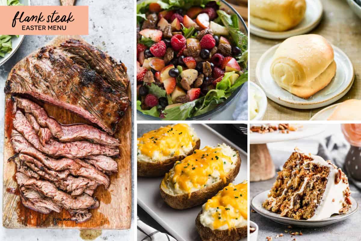 A collage of 5 recipes from a Flank Steak menu.