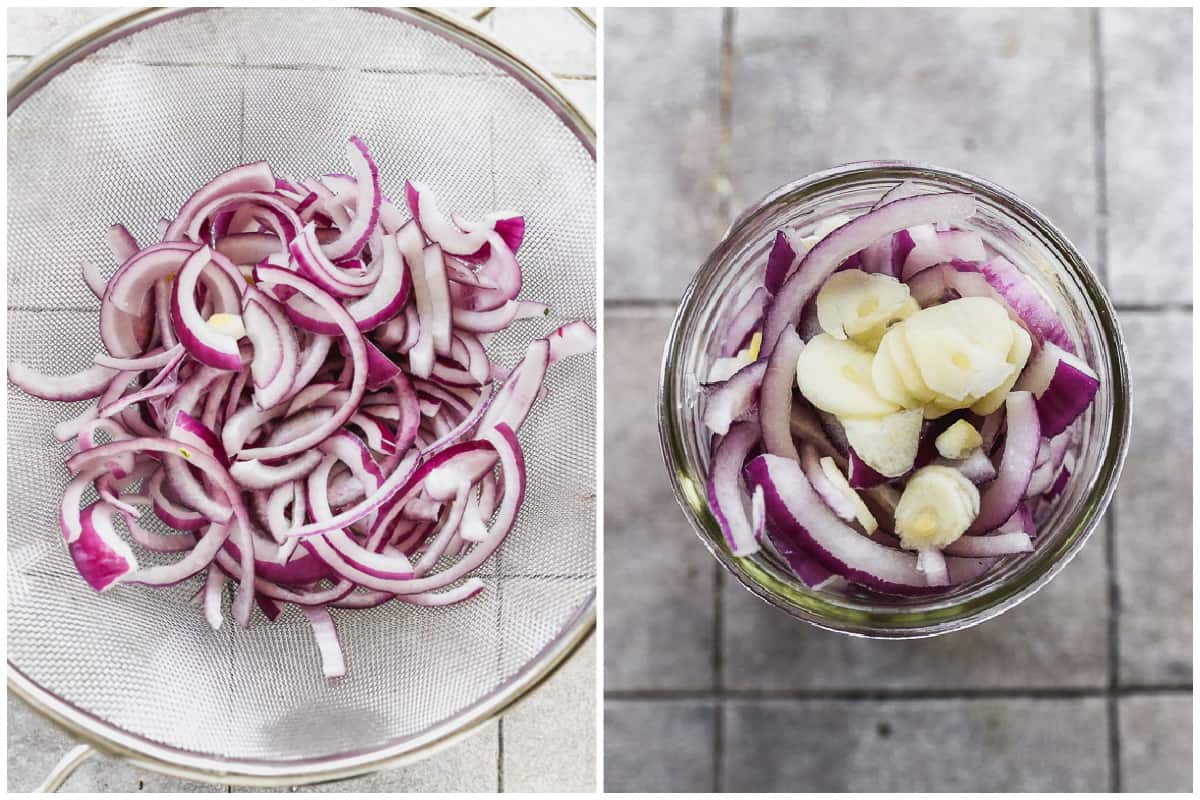 Two images showing sliced red onions rinsed in a colander, then added to a mason jar with garlic. 