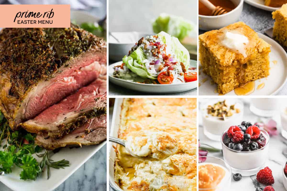 A collage of 5 recipes from the Prime Rib Easter Menu.