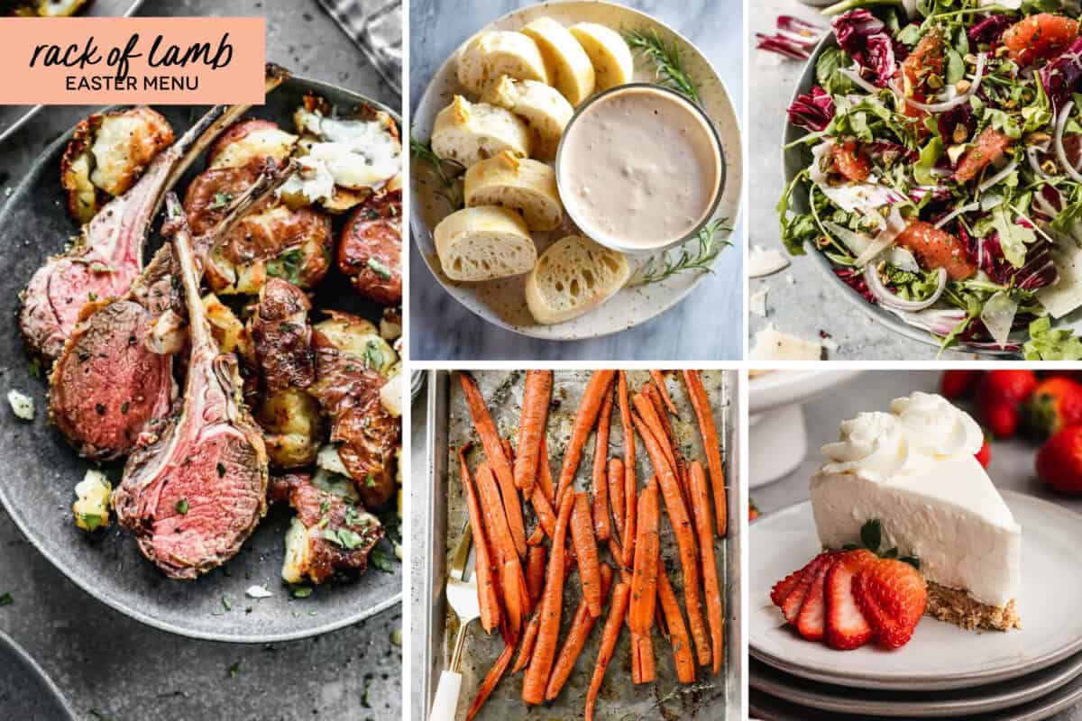 A collage of 5 recipes from the Rack of Lamb Easter Menu.