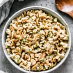 A bowl filled with an easy German Spaetzle recipe tossed in butter, ready to serve.