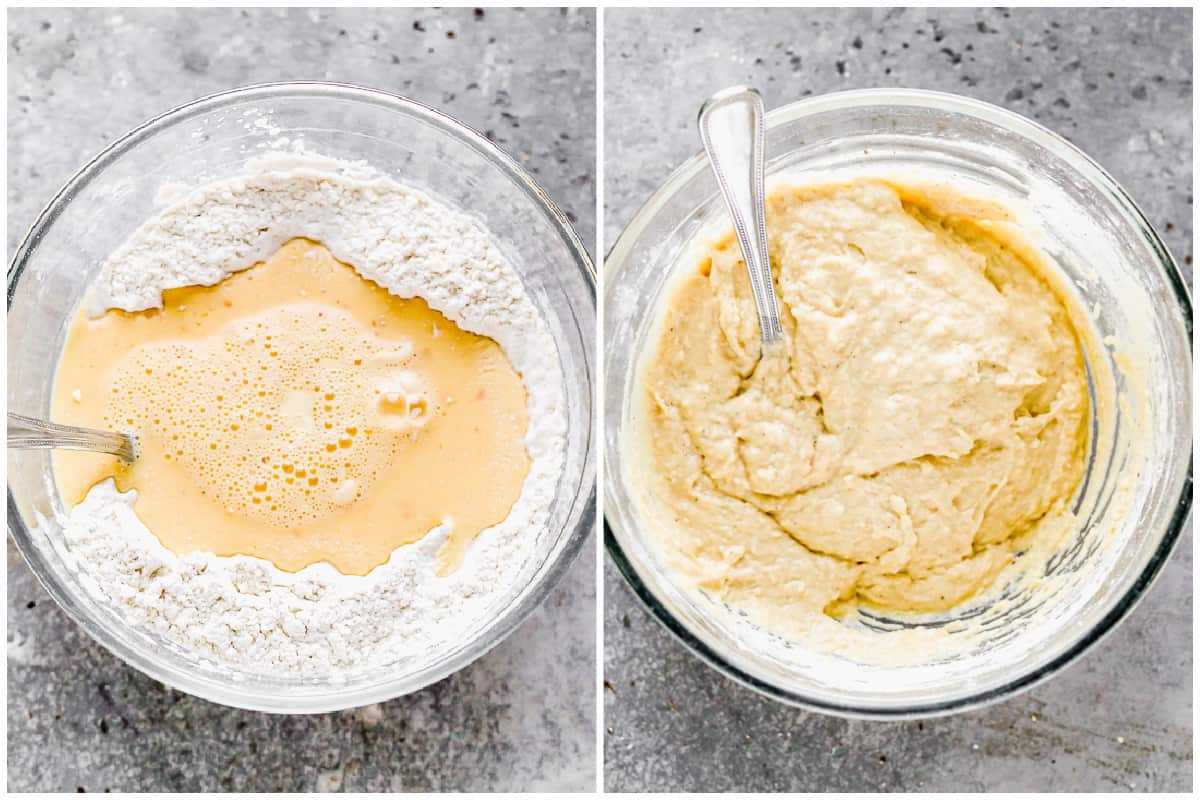 Two images showing wet ingredients being poured into dry ingredients then after it's mixed to make a soft dough for homemade spaetzle.