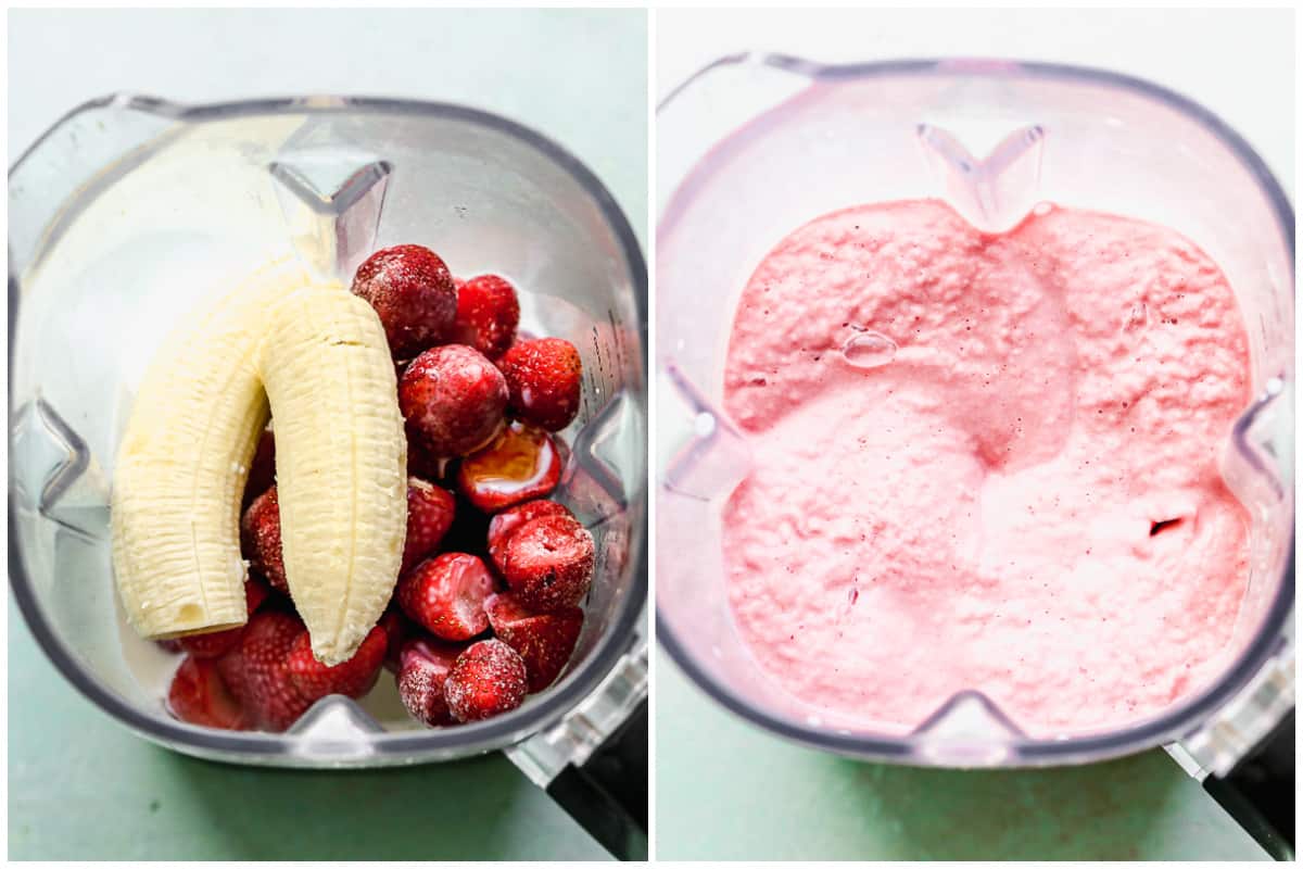 Two images with all of the ingredients needed for a homemade strawberry banana smoothie before and after it's blended to show how to make a strawberry banana smoothie.
